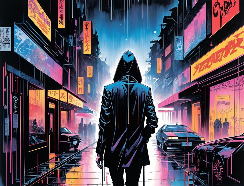 44909-859061240-(DINA), nighttime, cyberpunk city, dark, raining, neon lights ((,Wearing a blazer over a hoodie)), blazer, hoodie, (_lora_cyberg.jpg